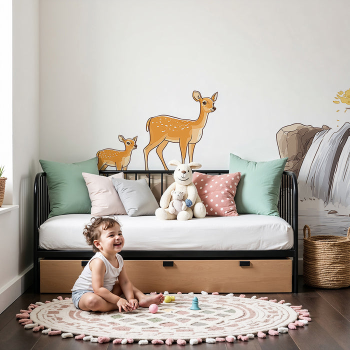 Papier peint chambre enfant | Biches au bord d'une cascade paisible