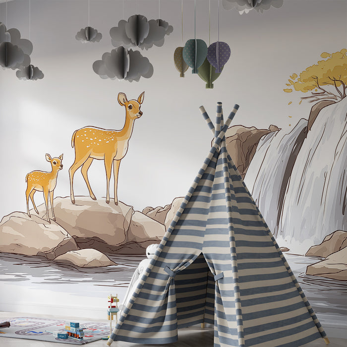 Papier peint chambre enfant | Biches au bord d'une cascade paisible