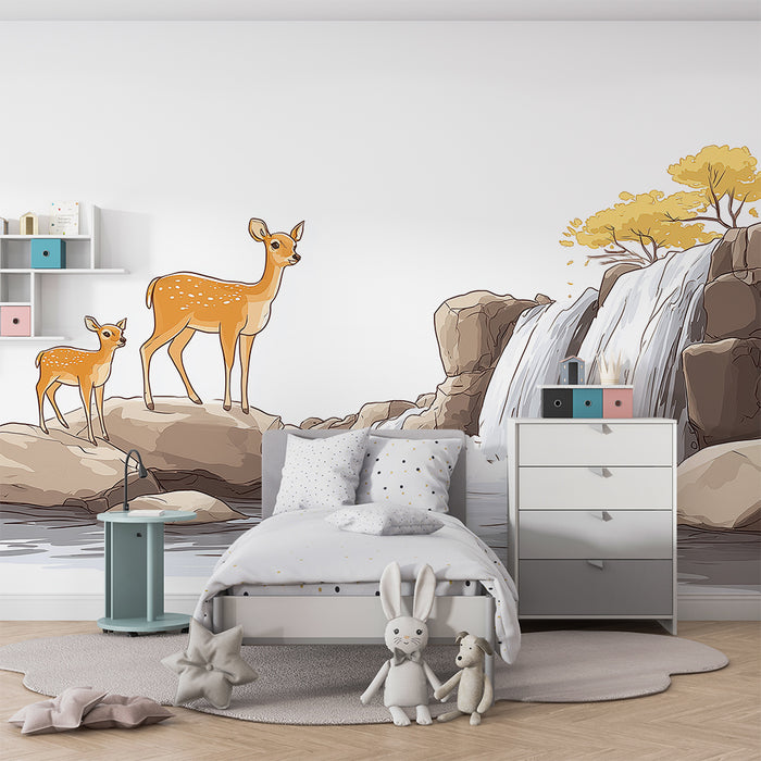 Papier peint chambre enfant | Biches au bord d'une cascade paisible