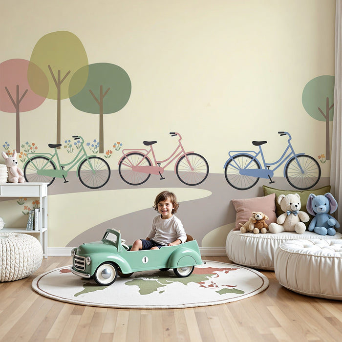 Kinderkamer behang | Kleurrijke fietsen in het midden van een bloemrijk park