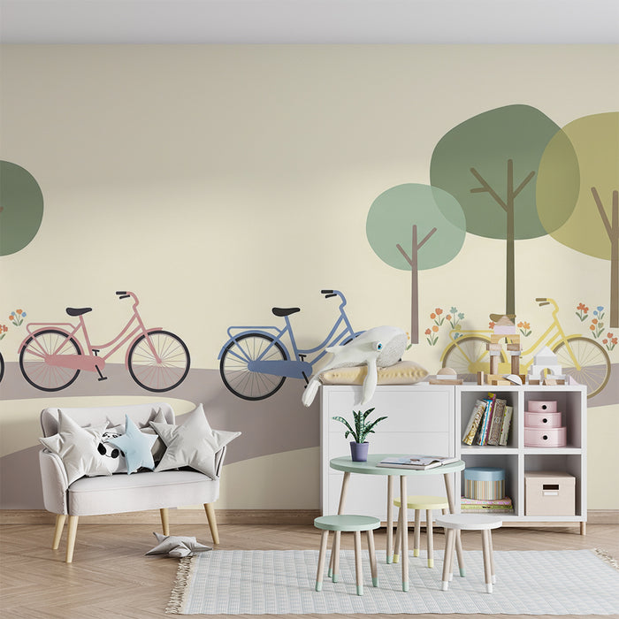 Kinderkamer behang | Kleurrijke fietsen in het midden van een bloemrijk park