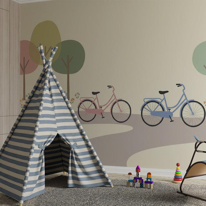 Kinderkamer behang | Kleurrijke fietsen in het midden van een bloemrijk park