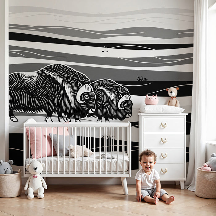 Kinderkamer behang | Bizons in een monochroom landschap