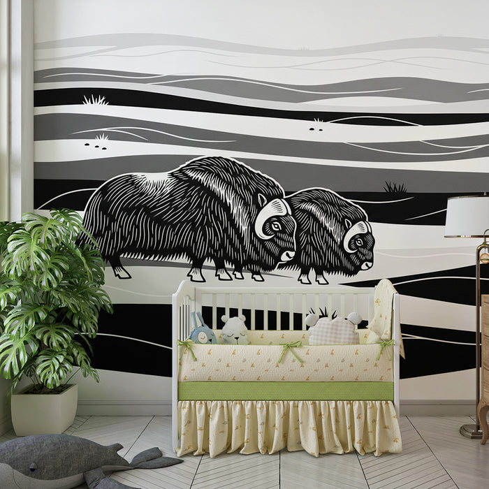 Kinderkamer behang | Bizons in een monochroom landschap
