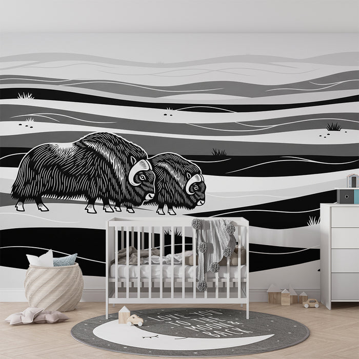 Kinderkamer behang | Bizons in een monochroom landschap