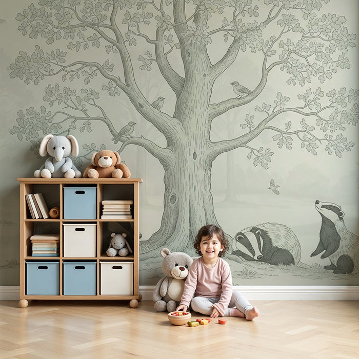 Behang voor kinderkamer | Dasjes in een rustig landschap onder een grote eik