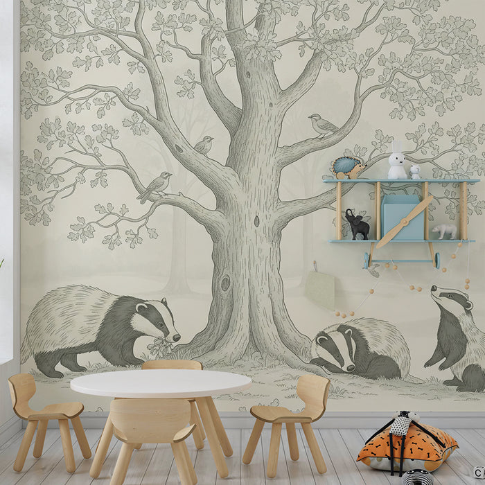 Behang voor kinderkamer | Dasjes in een rustig landschap onder een grote eik
