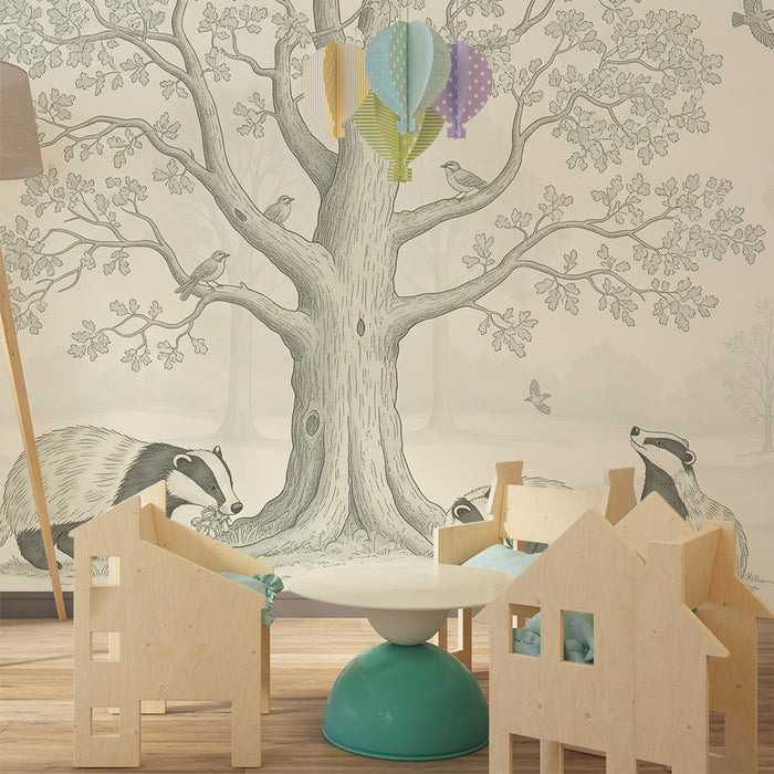 Behang voor kinderkamer | Dasjes in een rustig landschap onder een grote eik