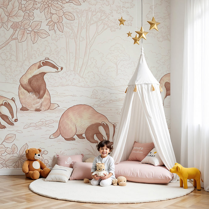 Papel pintado infantil | Tejones explorando un paisaje natural tranquilo