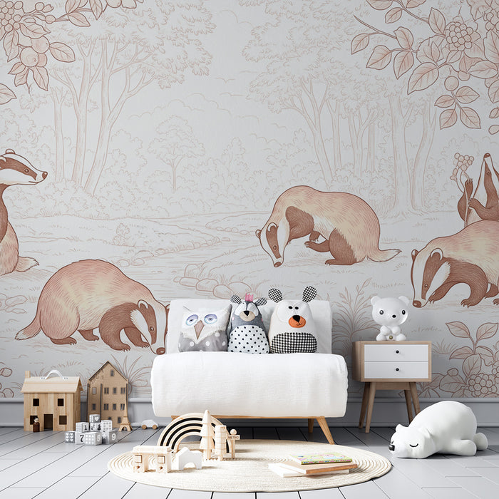 Papel pintado infantil | Tejones explorando un paisaje natural tranquilo