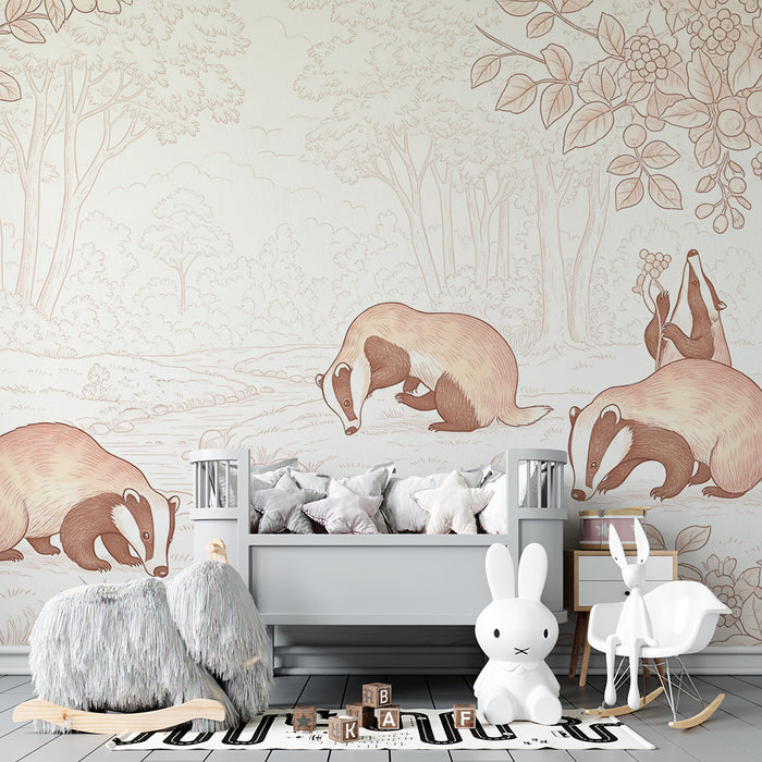 Papel pintado infantil | Tejones explorando un paisaje natural tranquilo