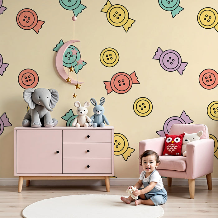Papel de parede para quarto de criança | Doces coloridos e botões divertidos sobre fundo suave
