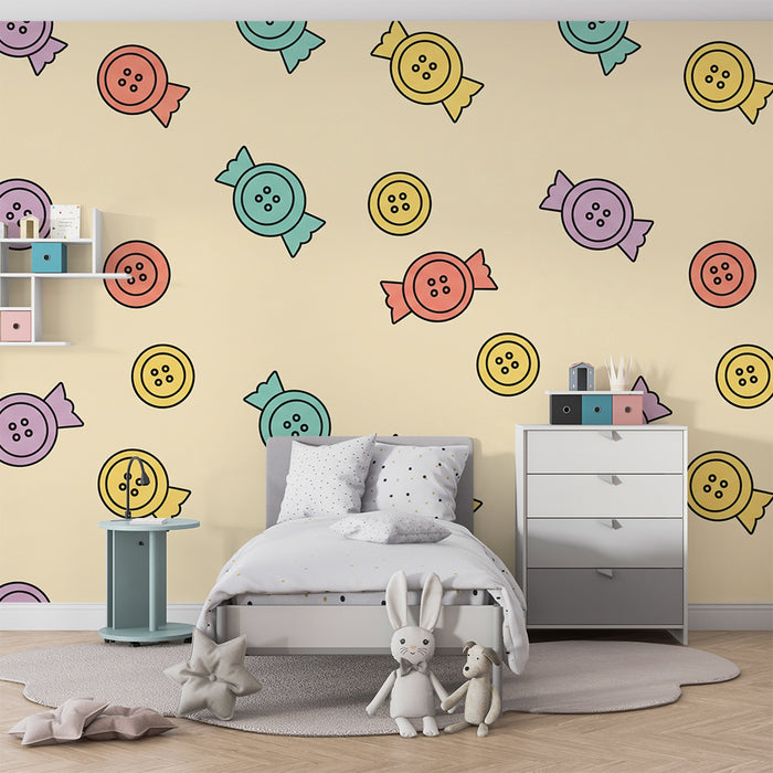 Papel de parede para quarto de criança | Doces coloridos e botões divertidos sobre fundo suave