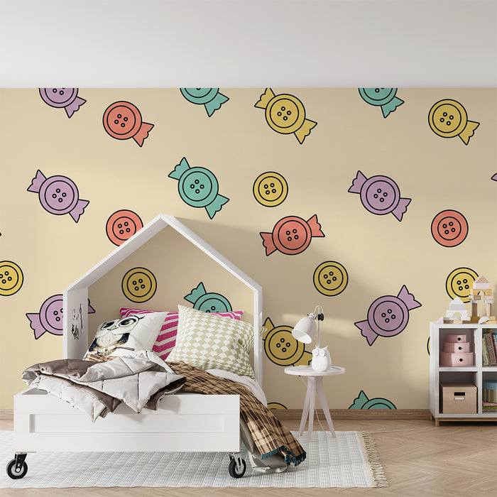 Papel de parede para quarto de criança | Doces coloridos e botões divertidos sobre fundo suave