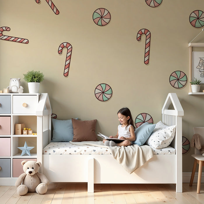 Kids' Room Wallpaper | Colorful Candy and Candy Canes on a Soft Background