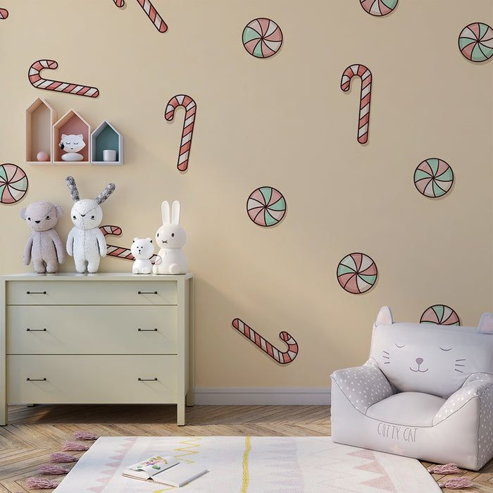 Kids' Room Wallpaper | Colorful Candy and Candy Canes on a Soft Background