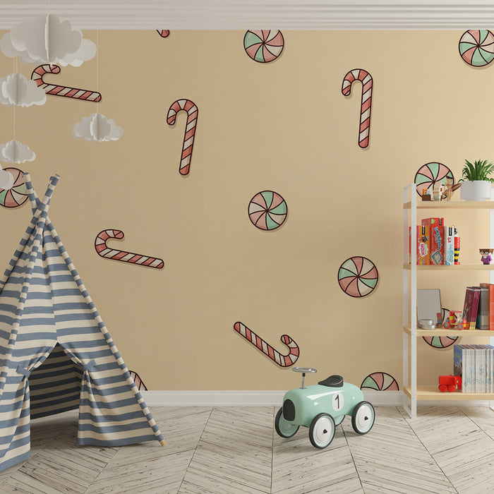 Kids' Room Wallpaper | Colorful Candy and Candy Canes on a Soft Background