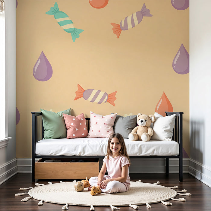 Papel pintado infantil | Caramelos de colores y gotas divertidas sobre fondo suave