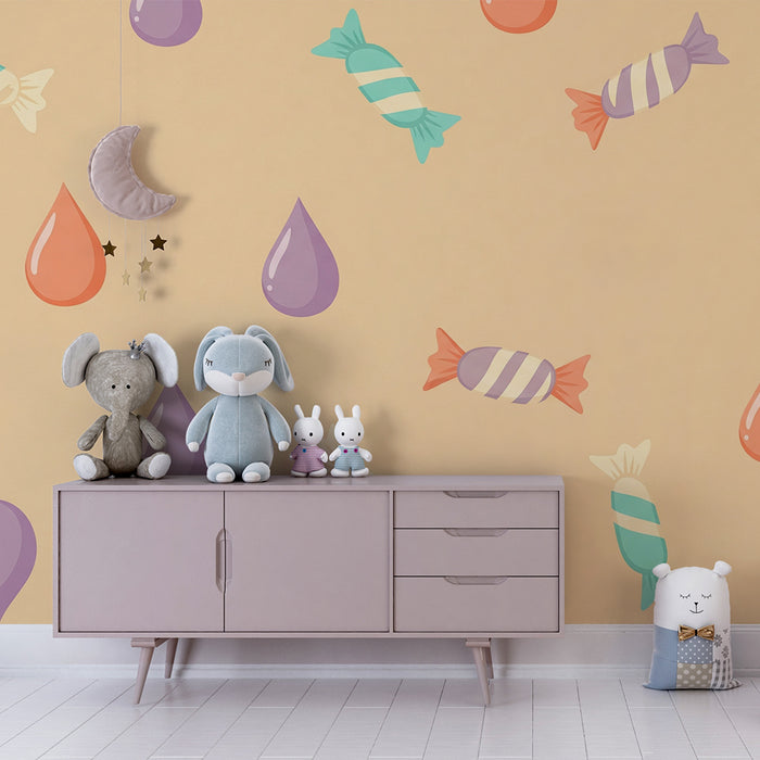 Papel pintado infantil | Caramelos de colores y gotas divertidas sobre fondo suave