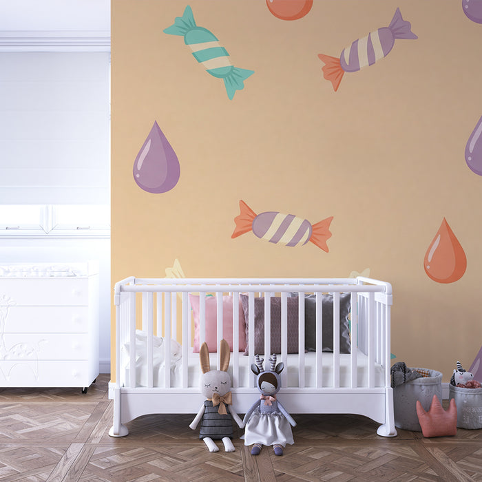 Papel pintado infantil | Caramelos de colores y gotas divertidas sobre fondo suave
