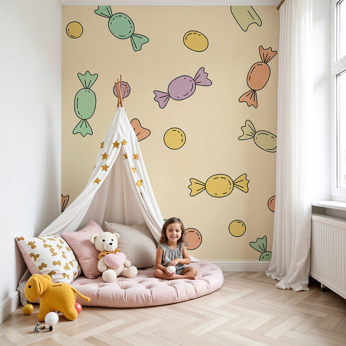 Papel de parede para quarto de criança | Doces coloridos sobre fundo suave