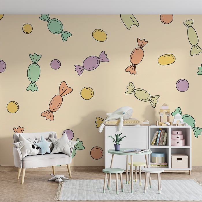 Papel de parede para quarto de criança | Doces coloridos sobre fundo suave