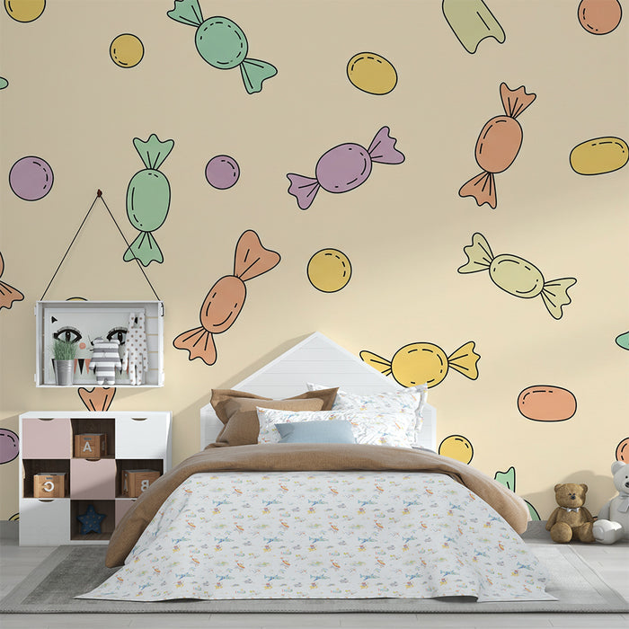 Papel de parede para quarto de criança | Doces coloridos sobre fundo suave