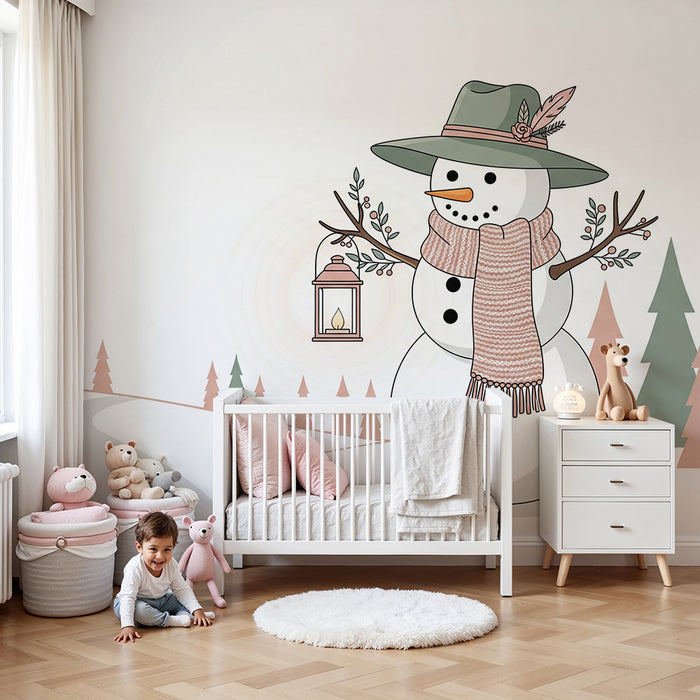 Children's Room Wallpaper | Cozy Snowman with Pine Forest