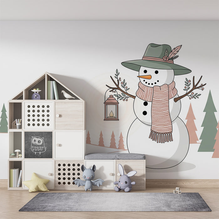 Children's Room Wallpaper | Cozy Snowman with Pine Forest