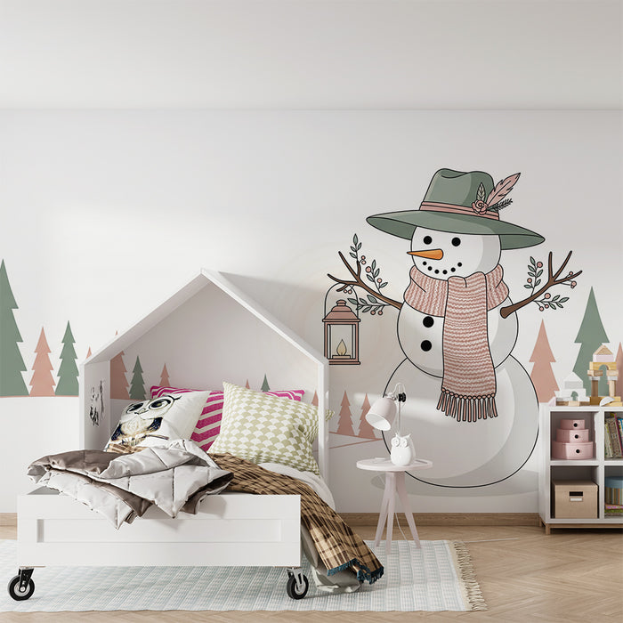 Children's Room Wallpaper | Cozy Snowman with Pine Forest