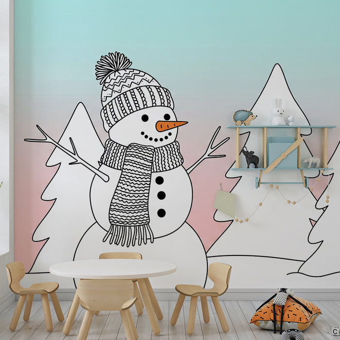 Barnrumspapper | Snögubbe i vinterlandskap