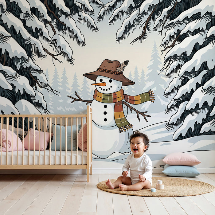 Children's Room Wallpaper | Cheerful Snowman Among Snow-Covered Pines