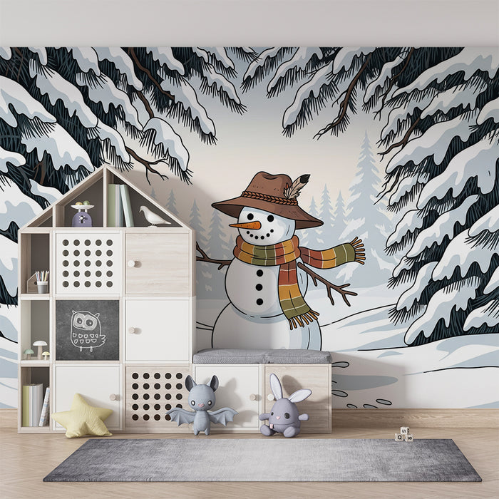 Children's Room Wallpaper | Cheerful Snowman Among Snow-Covered Pines