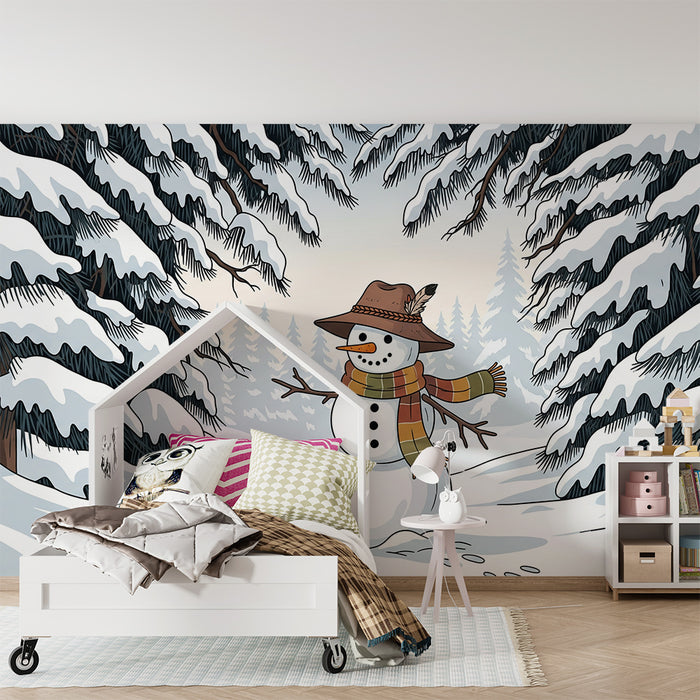 Children's Room Wallpaper | Cheerful Snowman Among Snow-Covered Pines