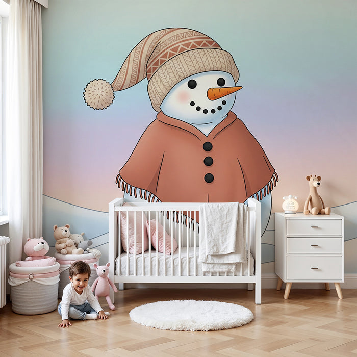 Papel de parede infantil | Boneco de neve alegre com cachecol e gorro