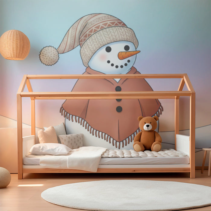 Papel de parede infantil | Boneco de neve alegre com cachecol e gorro