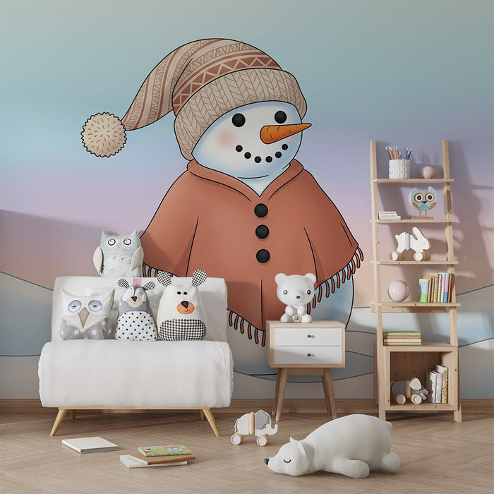 Papel de parede infantil | Boneco de neve alegre com cachecol e gorro