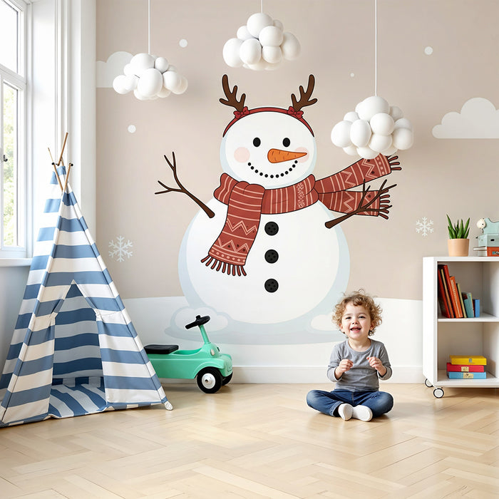 Papel de parede para quarto de criança | Boneco de neve alegre com cachecol e flocos de neige