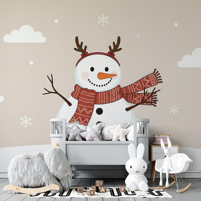 Papel de parede para quarto de criança | Boneco de neve alegre com cachecol e flocos de neige