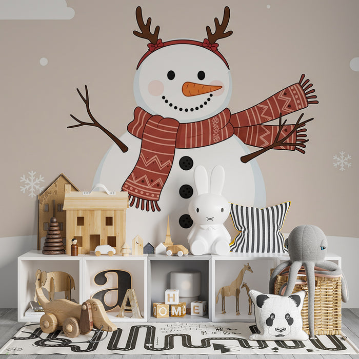 Papel de parede para quarto de criança | Boneco de neve alegre com cachecol e flocos de neige