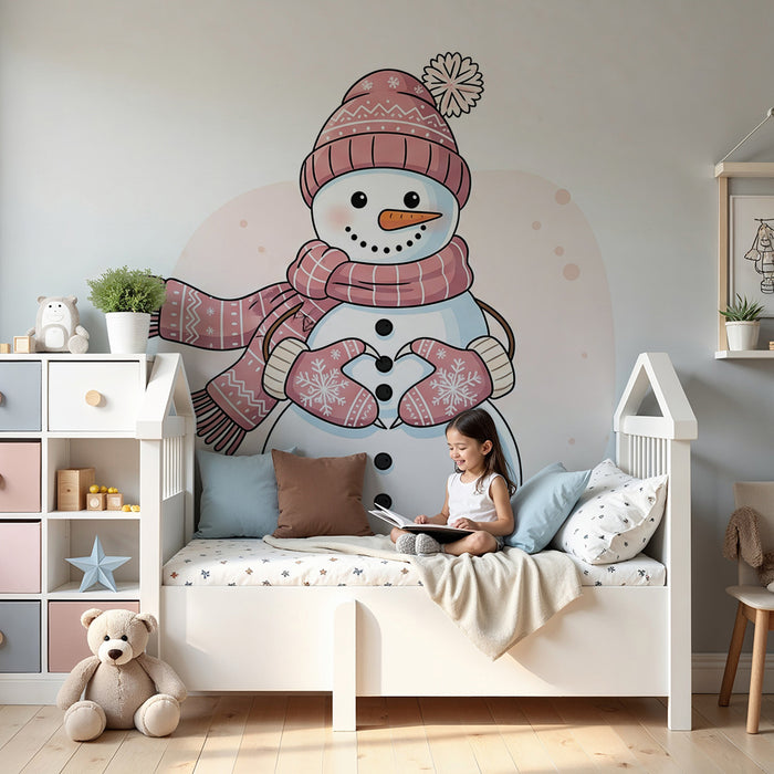 Papel de parede para quarto de criança | Boneco de neve alegre com cachecol e luvas