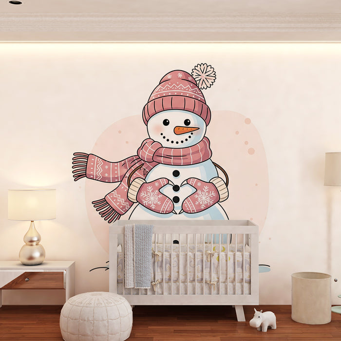 Papel de parede para quarto de criança | Boneco de neve alegre com cachecol e luvas