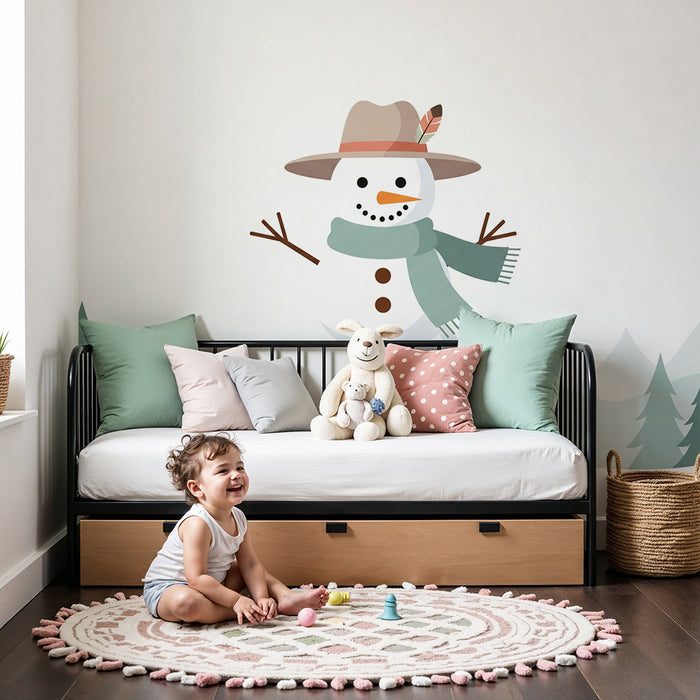 Children's Room Wallpaper | Cheerful Snowman with Trees and Mountains