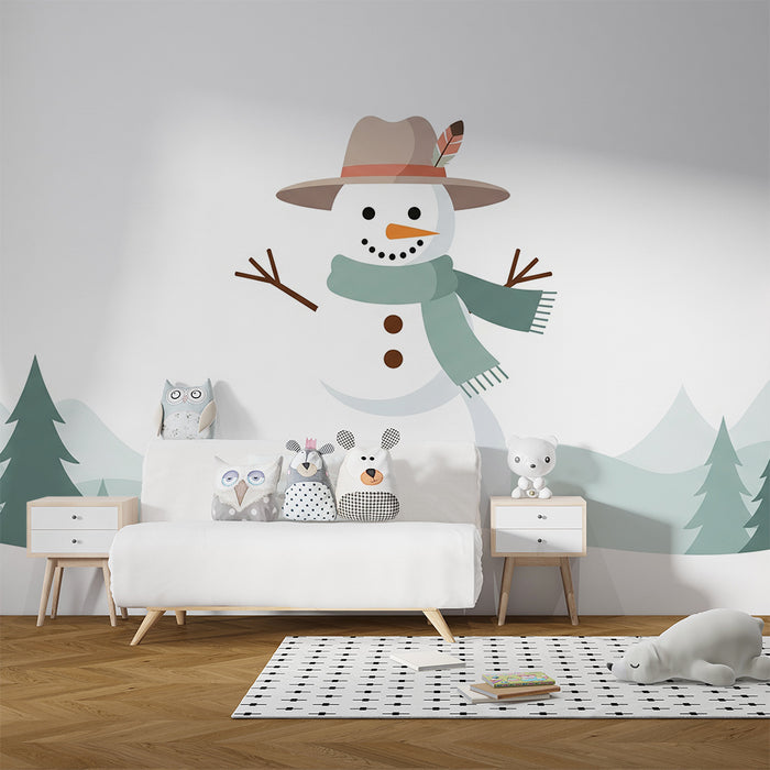 Children's Room Wallpaper | Cheerful Snowman with Trees and Mountains