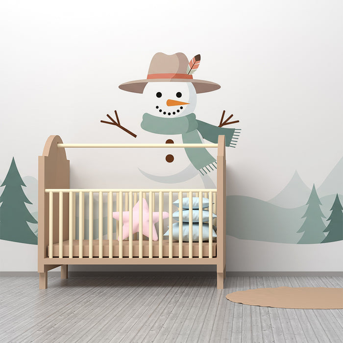 Children's Room Wallpaper | Cheerful Snowman with Trees and Mountains