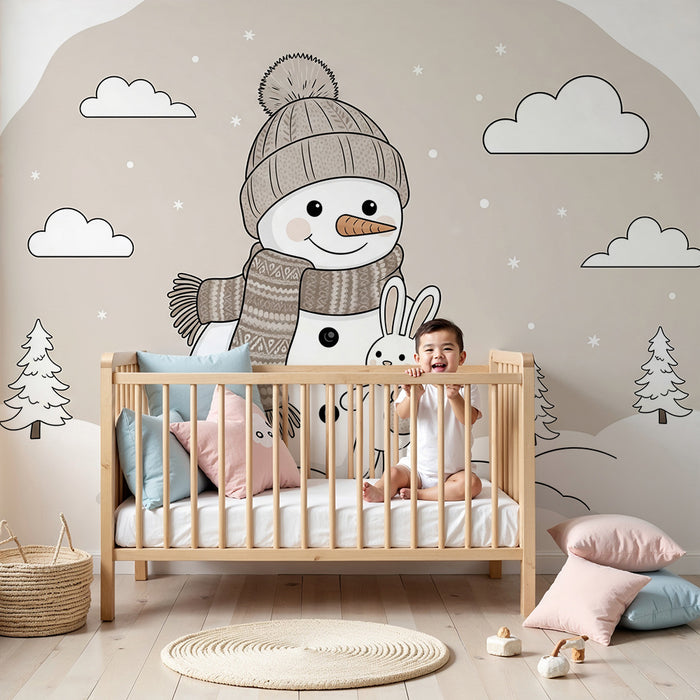 Children's Room Wallpaper | Cheerful Snowman with a Rabbit in a Winter Scene