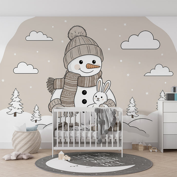 Children's Room Wallpaper | Cheerful Snowman with a Rabbit in a Winter Scene