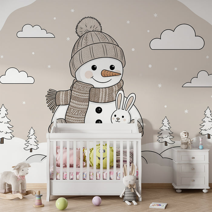 Children's Room Wallpaper | Cheerful Snowman with a Rabbit in a Winter Scene