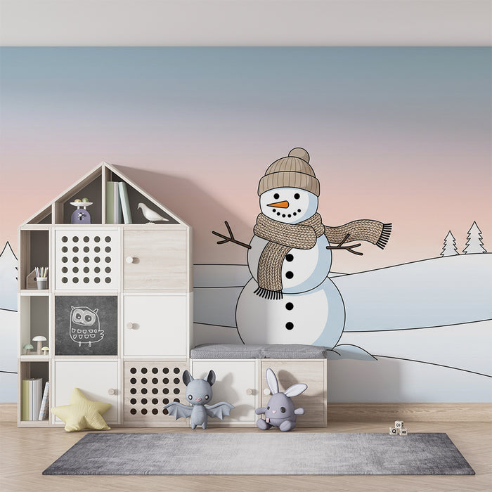 Barnrumspapper | Glad snögubbe i vinterlandskap