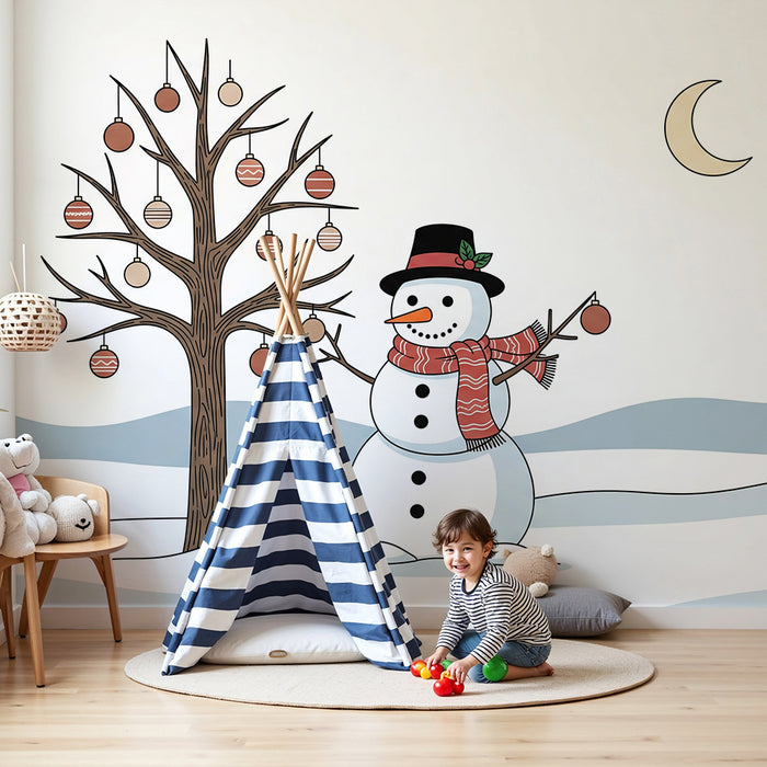 Children's Room Wallpaper | Cheerful Snowman Under a Decorated Tree